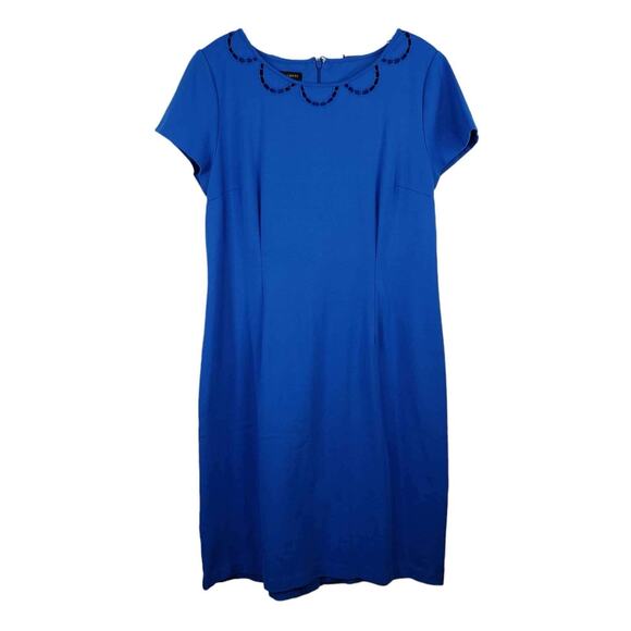 Talbots Dress Women's Size 10 Blue Short Sleeve Embroidered Ponte Knit - Picture 2 of 9